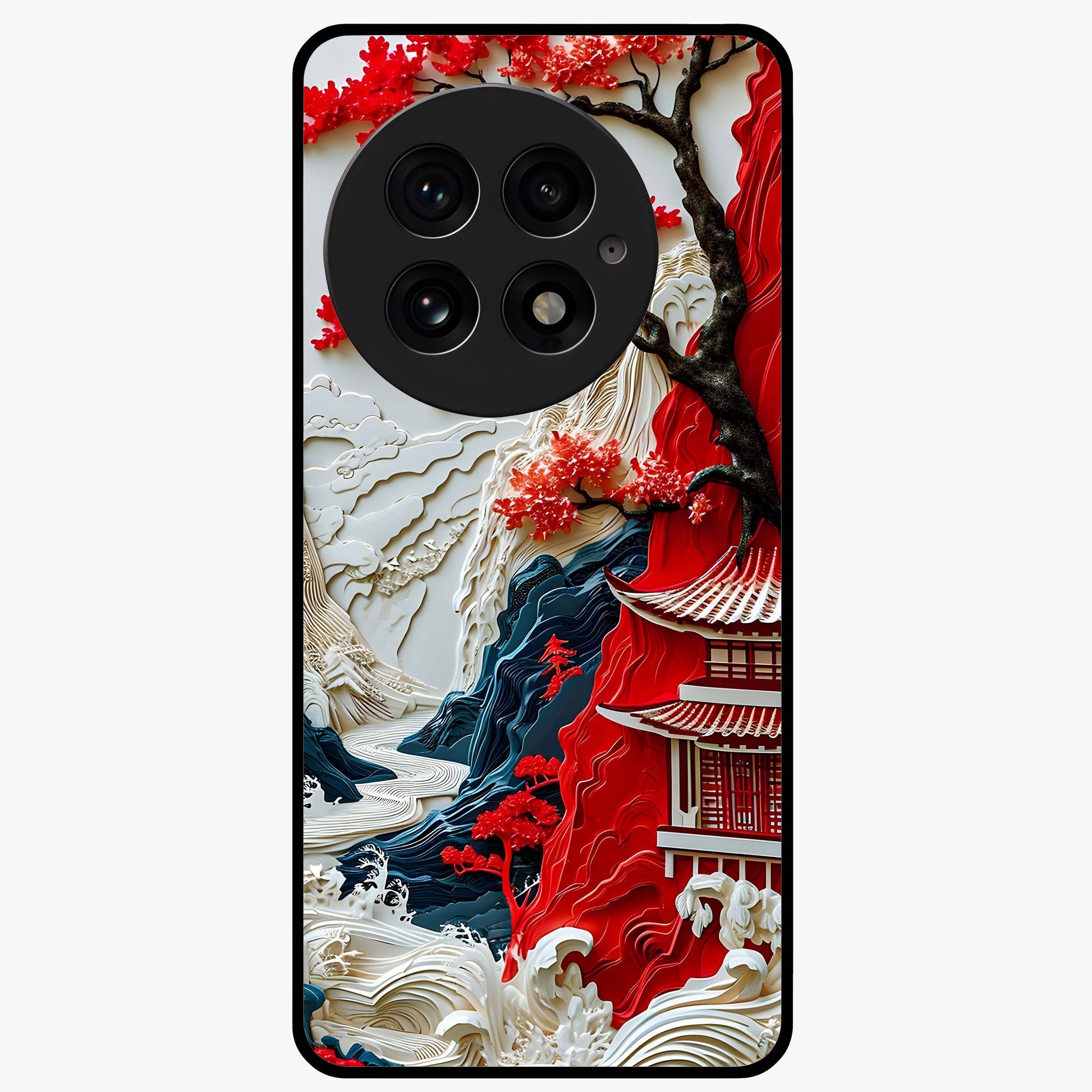 Whispers of Sakura Waves Glass Case for 1+13 artistic front view featuring cherry blossom artwork blended with flowing waves