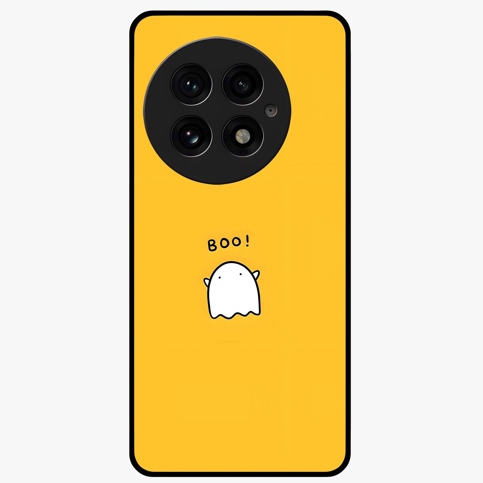 Yellow Boo Ghost Glass Case for 1+13 playful front view featuring cute ghost artwork in vibrant yellow tones
