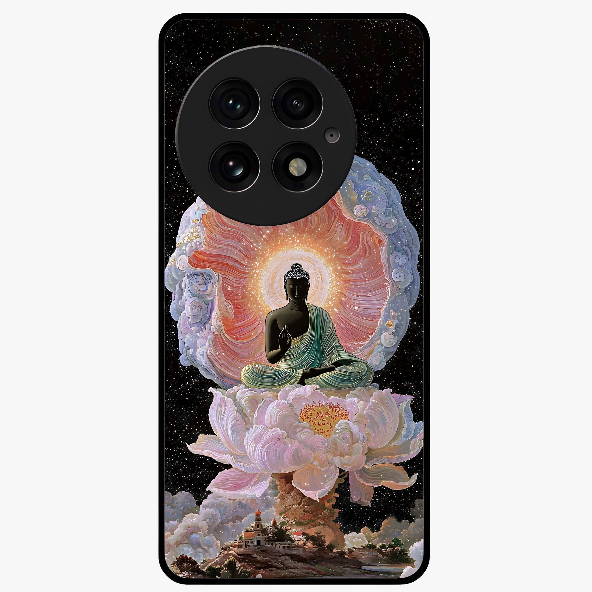 Zen Lotus Realm Glass Case for 1+13 peaceful front view featuring lotus artwork with calm spiritual tones
