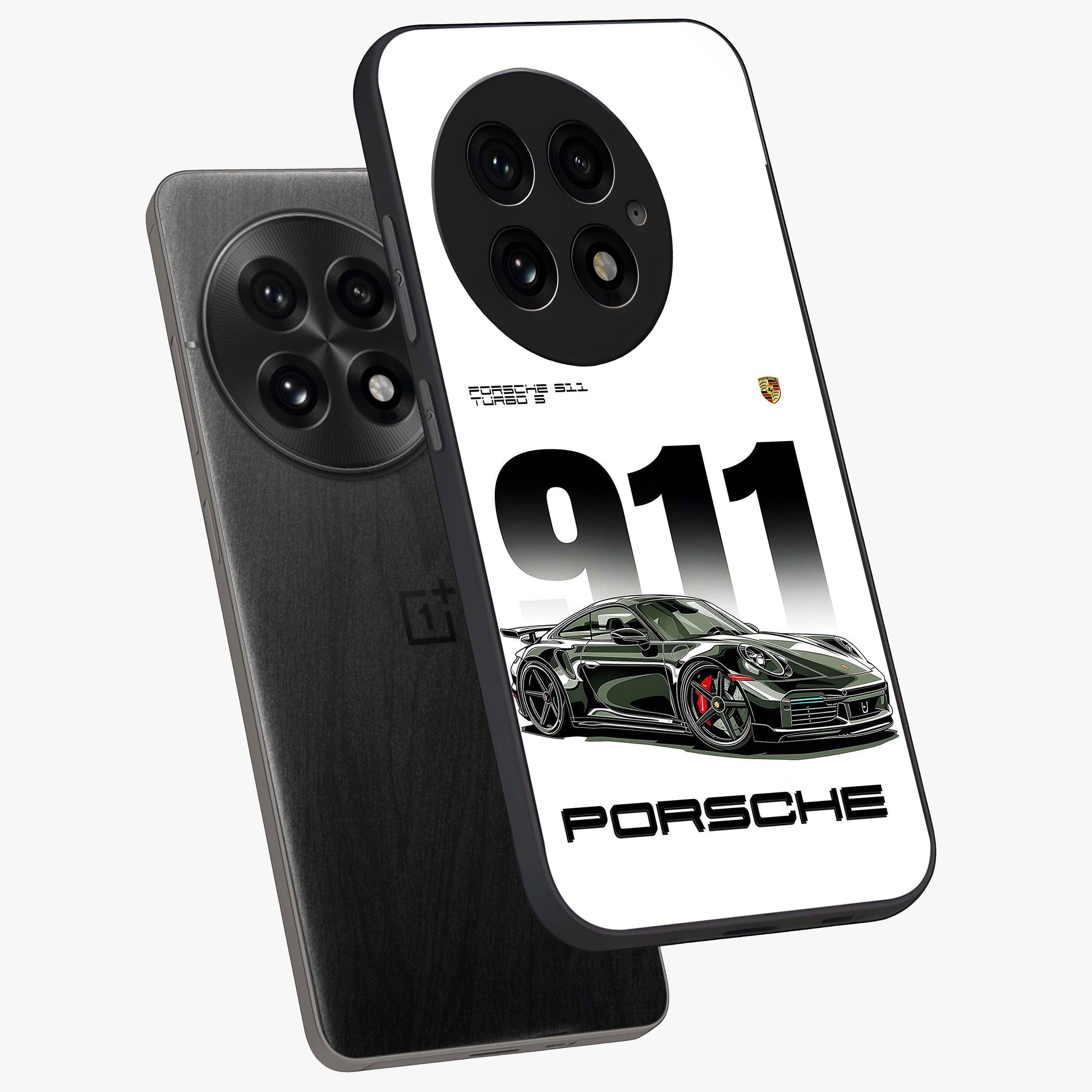 911 Turbo Dominance Glass Case for 1+13 premium angled mockup showcasing glossy glass finish and racing inspired design