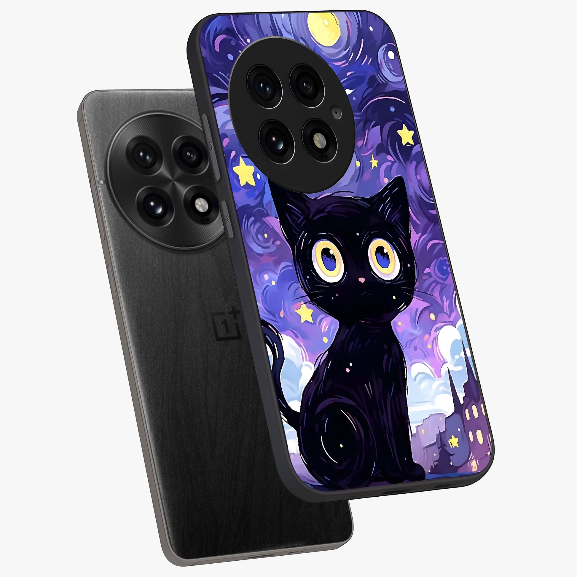 Abstract Cat Art Glass Case for 1+13 premium angled mockup showcasing glossy glass finish and creative feline design