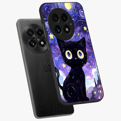 Abstract Cat Art Glass Case for 1+13 premium angled mockup showcasing glossy glass finish and creative feline design