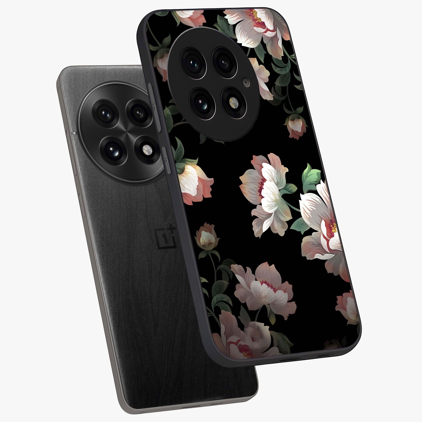 Abstract Embossed Blooming Bright Flower Glass Case for 1+13 angled mockup showcasing glossy surface and detailed bloom design