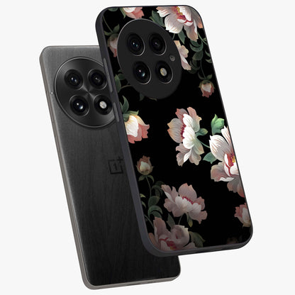 Abstract Embossed Blooming Bright Flower Glass Case for 1+13 angled mockup showcasing glossy surface and detailed bloom design