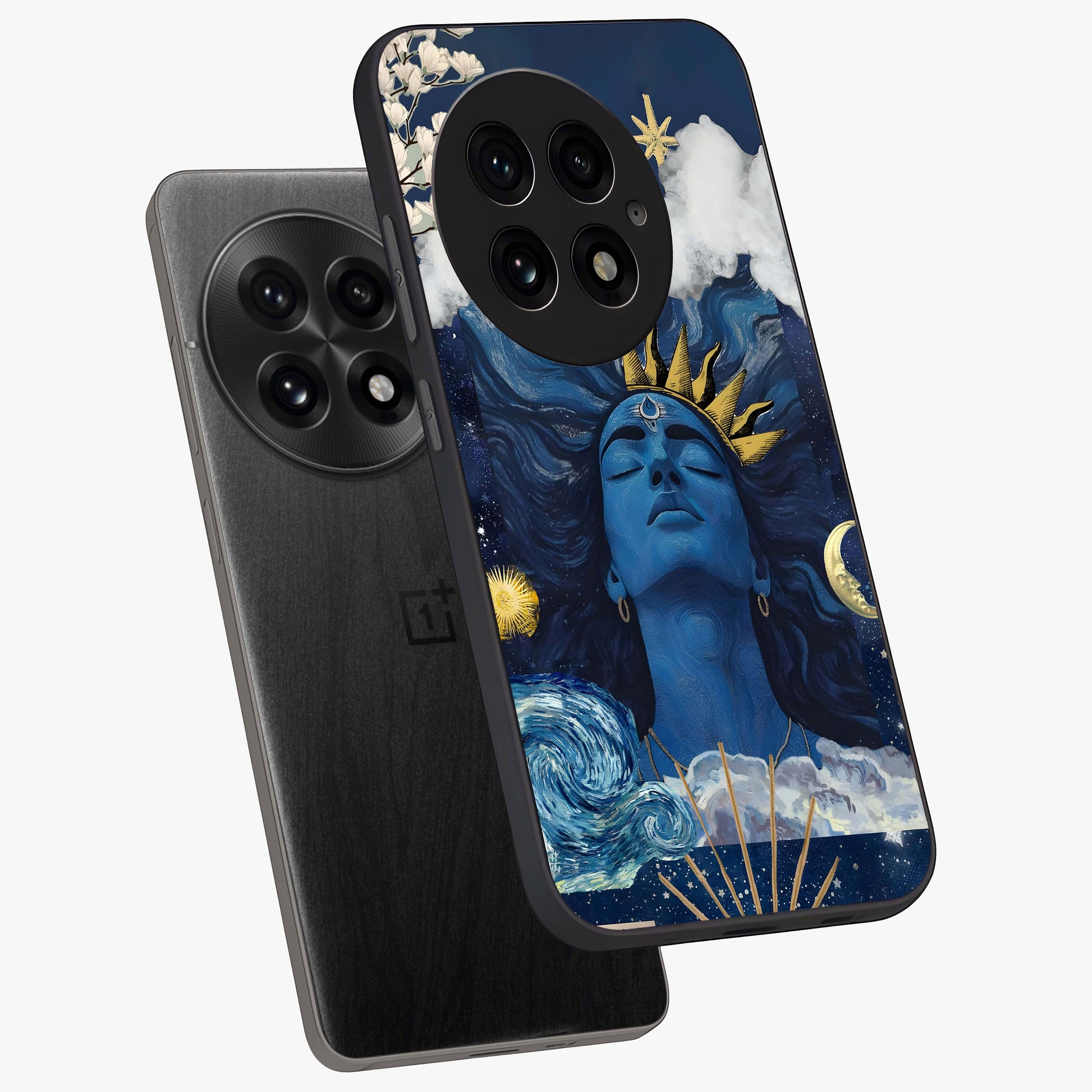 Aesthetic Lord Shiva Glass Case for 1+13 angled mockup showcasing glossy finish and divine aesthetic design