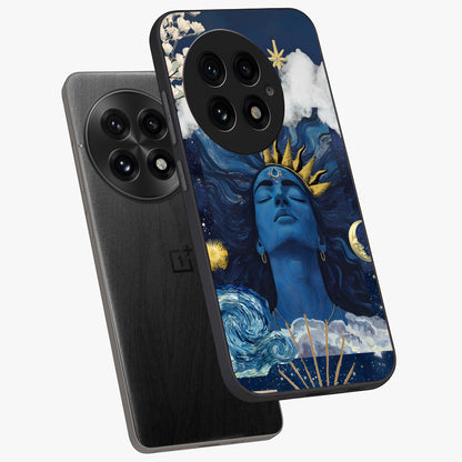 Aesthetic Lord Shiva Glass Case for 1+13 angled mockup showcasing glossy finish and divine aesthetic design