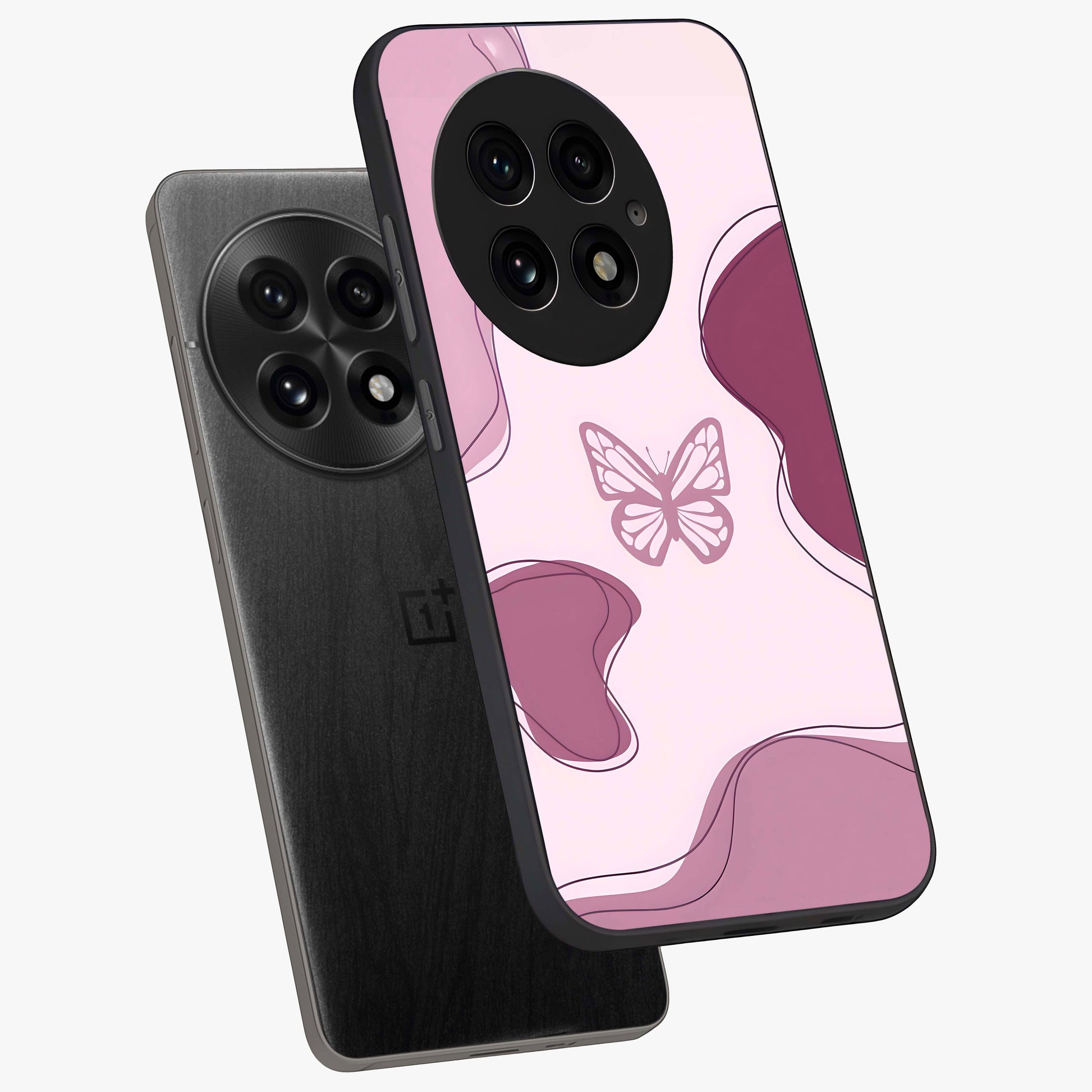 Aesthetic Pinkish Custom Name Butterfly Glass Case for 1+13 angled mockup showcasing glossy finish and soft pastel tones
