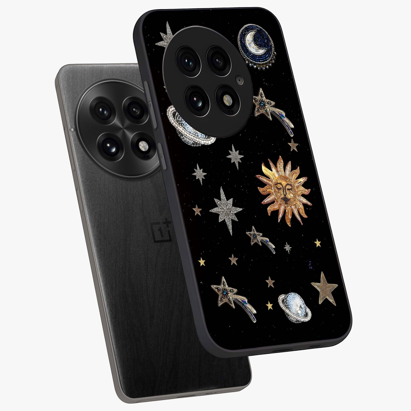Beaded Cosmic Dreams Glass Case for 1+13 angled mockup showcasing glossy finish and vibrant galaxy detailing