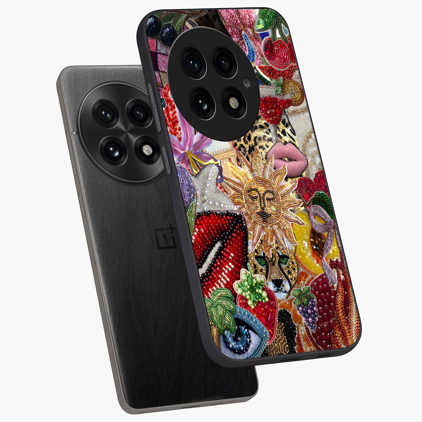 Beaded Fashion Jungle Glass Case for 1+13 angled mockup showcasing glossy finish and vibrant tropical design
