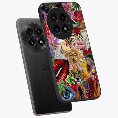 Beaded Fashion Jungle Glass Case for 1+13 angled mockup showcasing glossy finish and vibrant tropical design