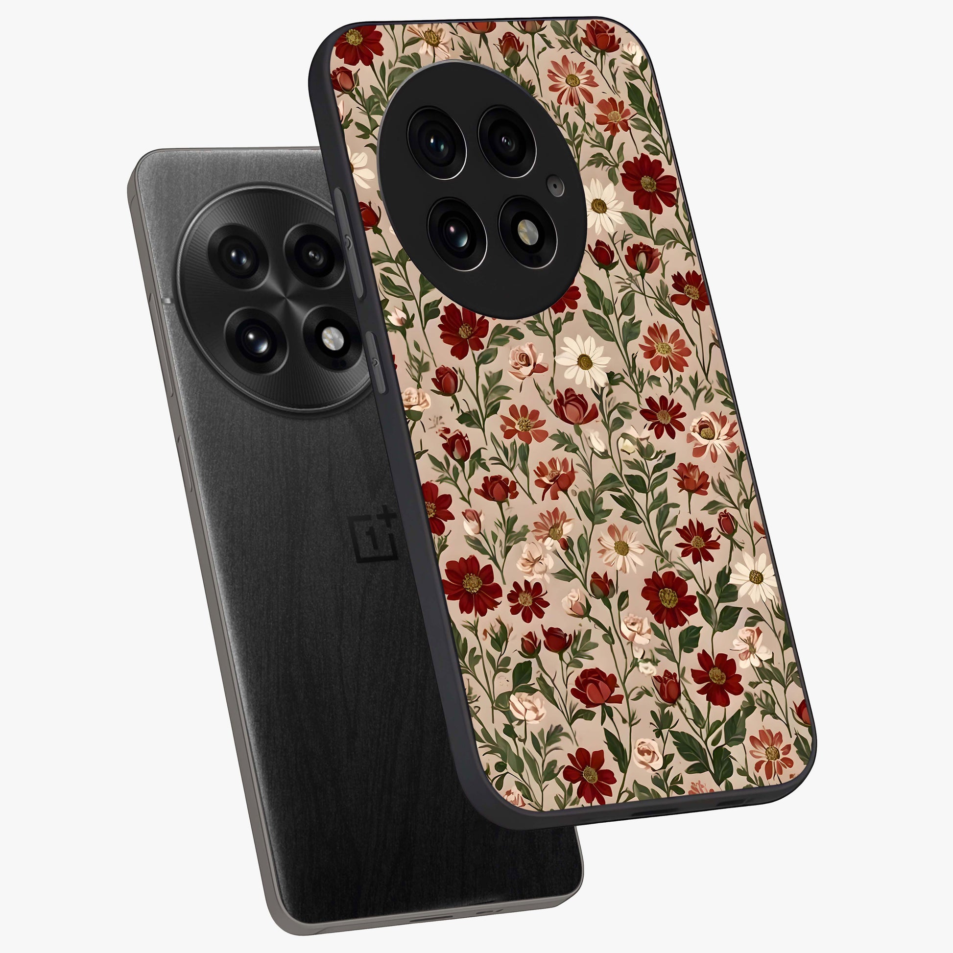 Biege Flower With Leaf Glass Case for 1+13 angled mockup showcasing glossy finish and minimal botanical design
