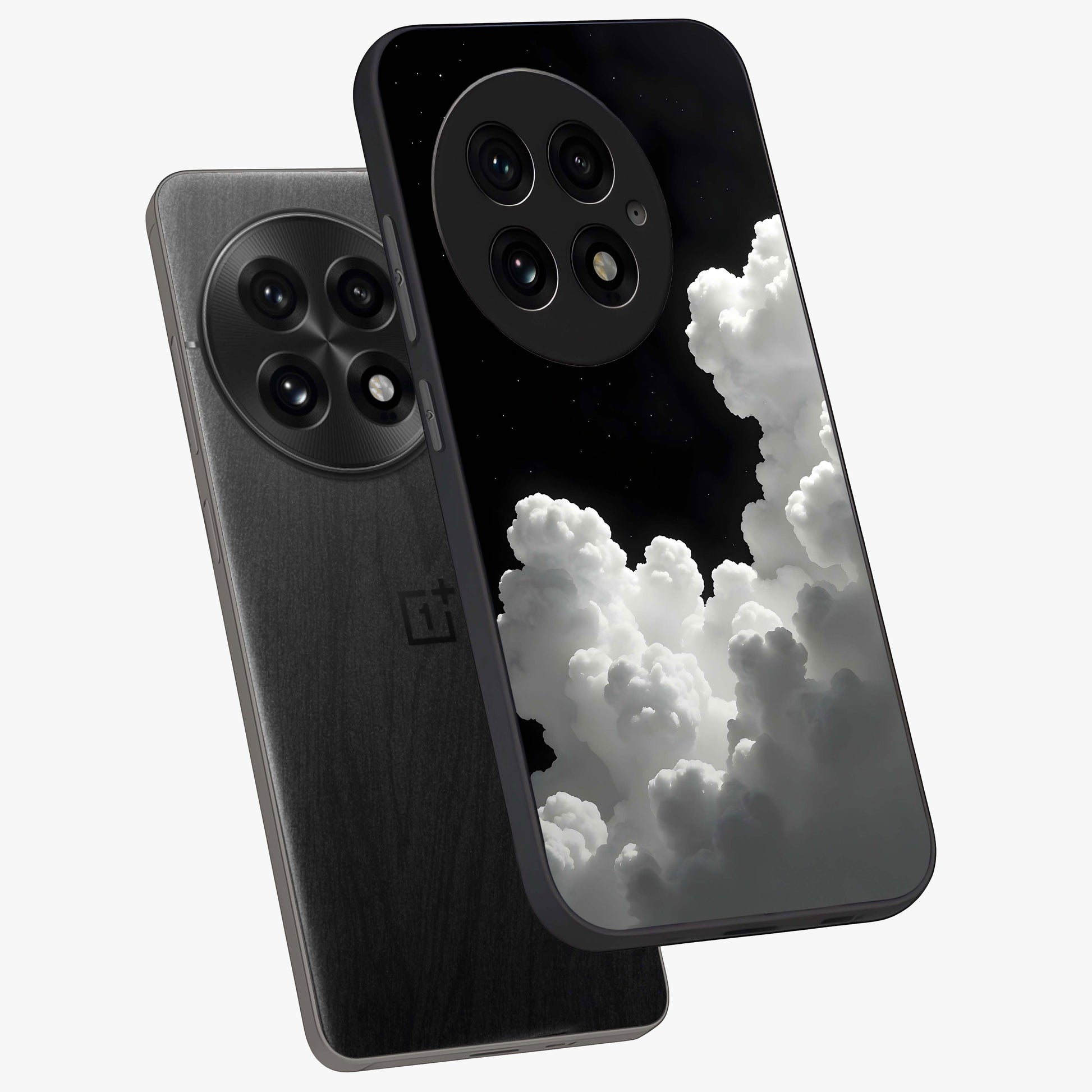 Black Background With White Cloud Glass Case for 1+13 angled mockup showcasing glossy finish and high contrast design