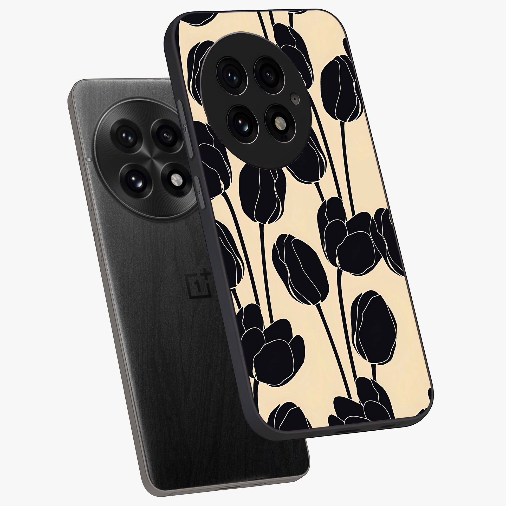 Black Designer Tulip Glass Case for 1+13 angled mockup showcasing glossy finish and premium floral detailing