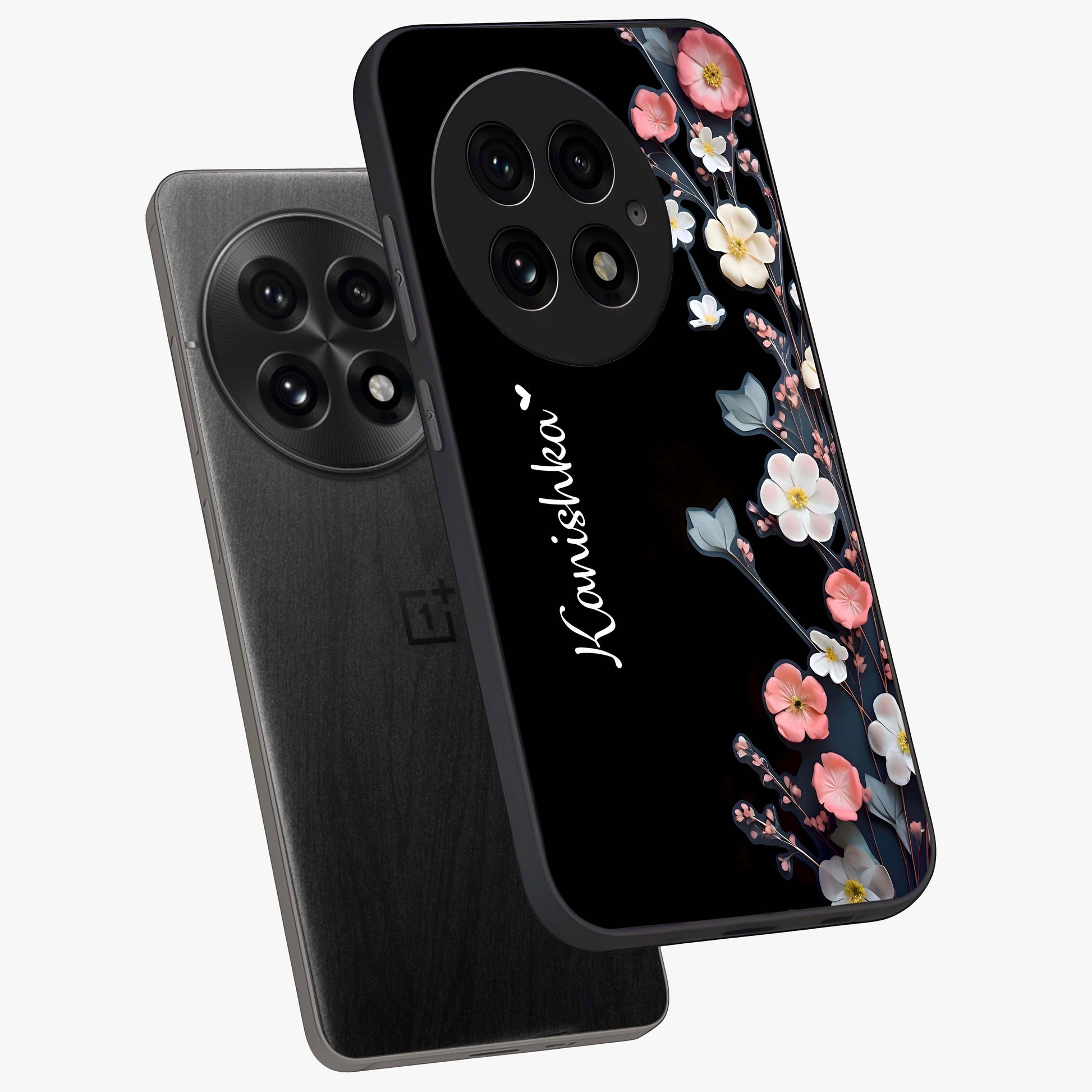 Black Elegance Floral Custom Name Glass Case for 1+13 angled mockup showcasing glossy finish and sophisticated black theme