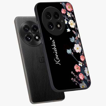 Black Elegance Floral Custom Name Glass Case for 1+13 angled mockup showcasing glossy finish and sophisticated black theme