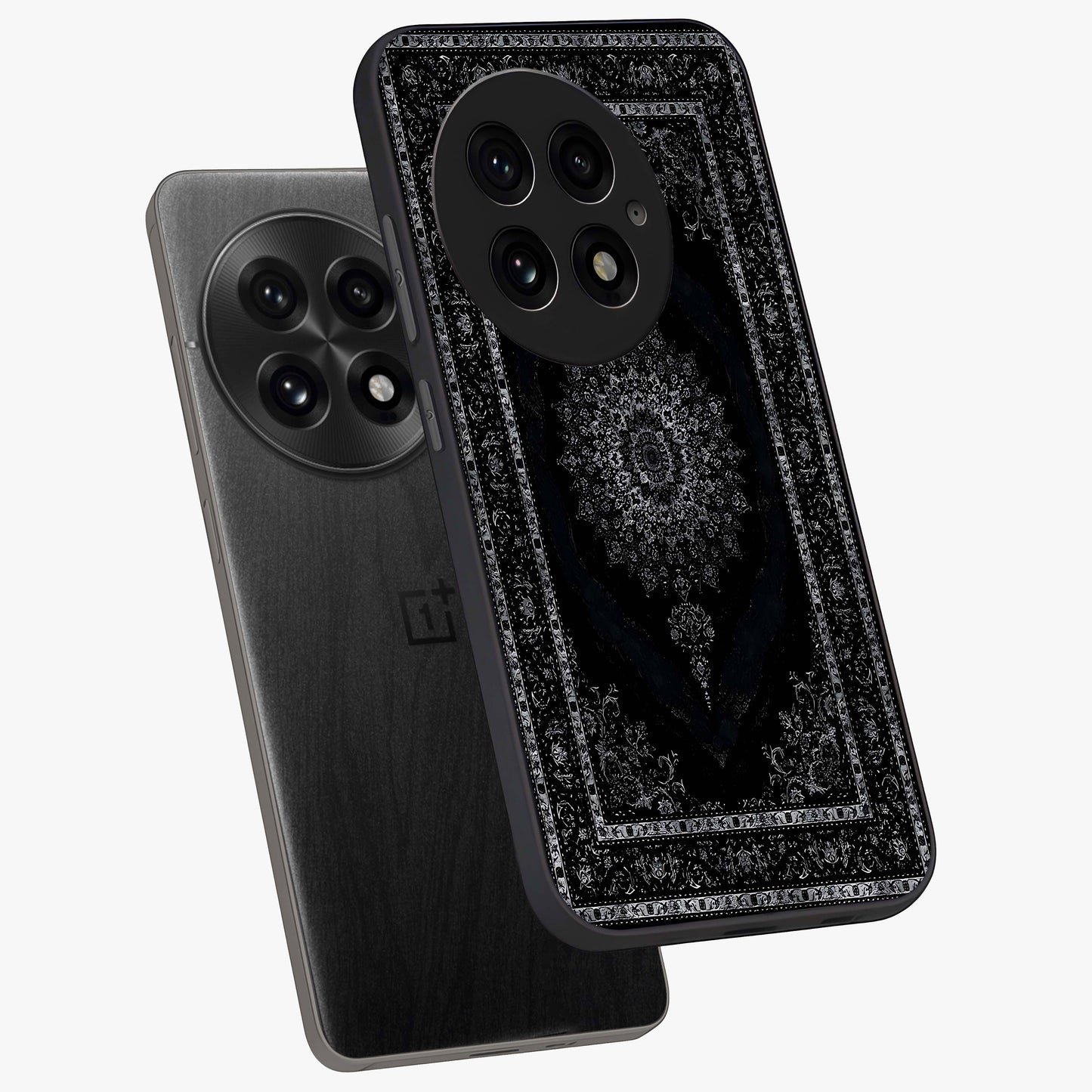 Black Persian Carpet Glass Case for 1+13 angled mockup showcasing glossy finish and detailed ornamental design