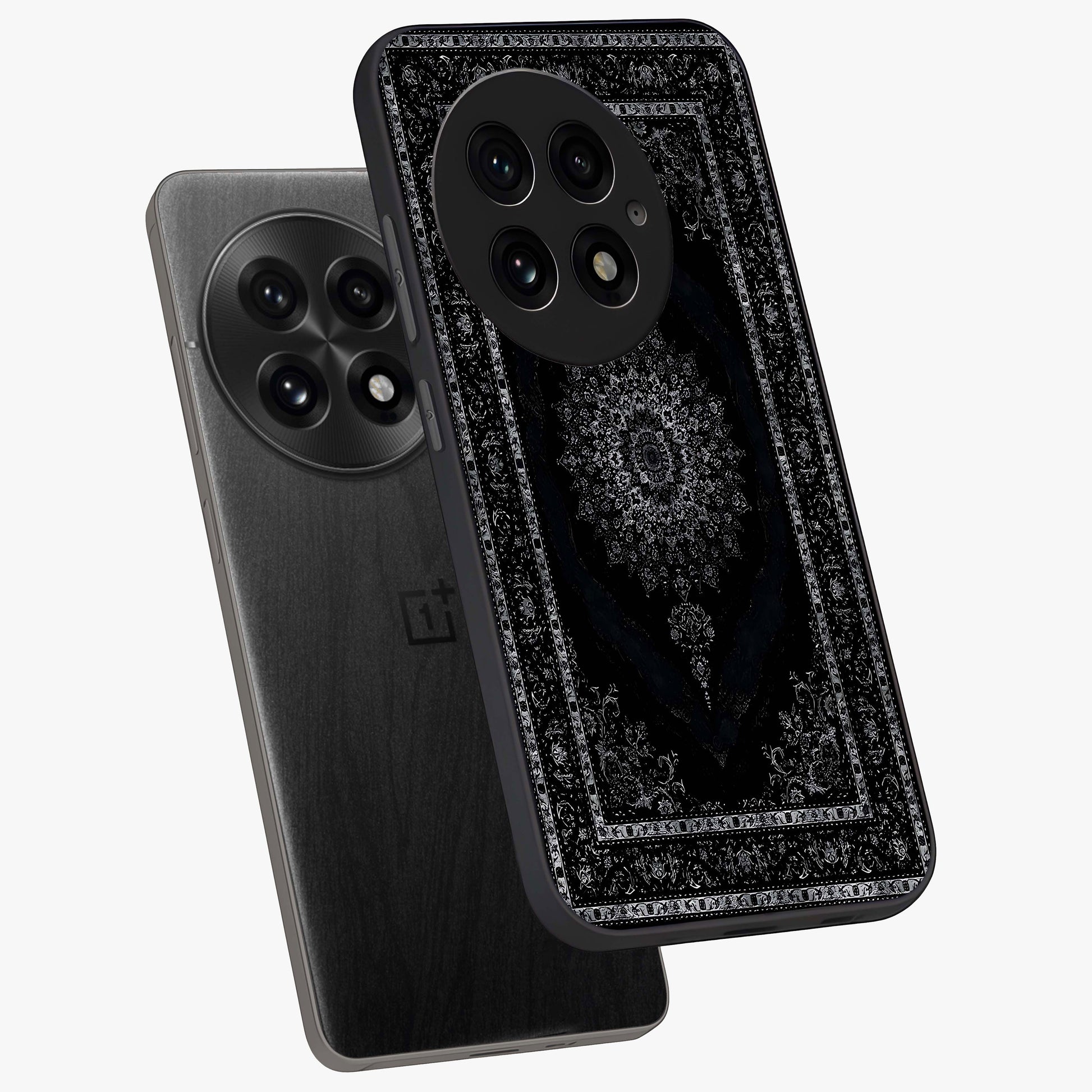 Black Persian Carpet Glass Case for 1+13 angled mockup showcasing glossy finish and detailed ornamental design