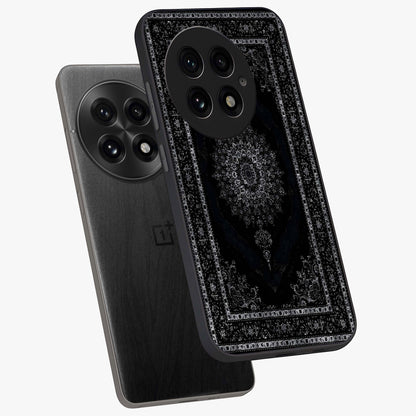Black Persian Carpet Glass Case for 1+13 angled mockup showcasing glossy finish and detailed ornamental design