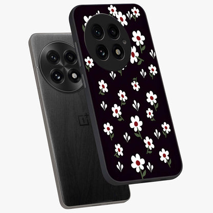 Black Prints Daisy Flower Pattern Glass Case for 1+13 angled mockup showcasing glossy finish and bold floral contrast