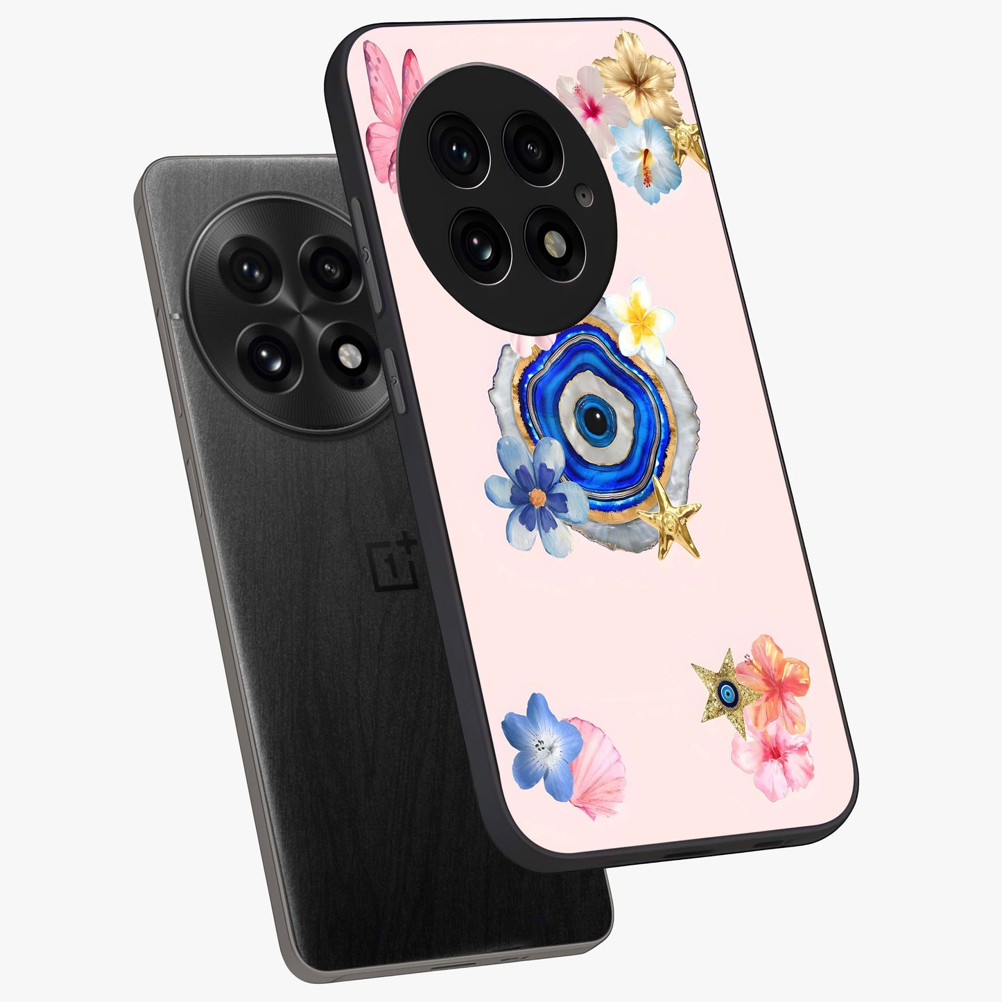 Blossom Evil Charm Glass Case for 1+13 angled mockup showcasing glossy finish and protective charm design