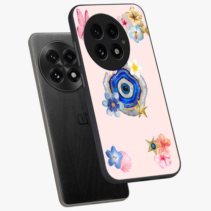 Blossom Evil Charm Glass Case for 1+13 angled mockup showcasing glossy finish and protective charm design