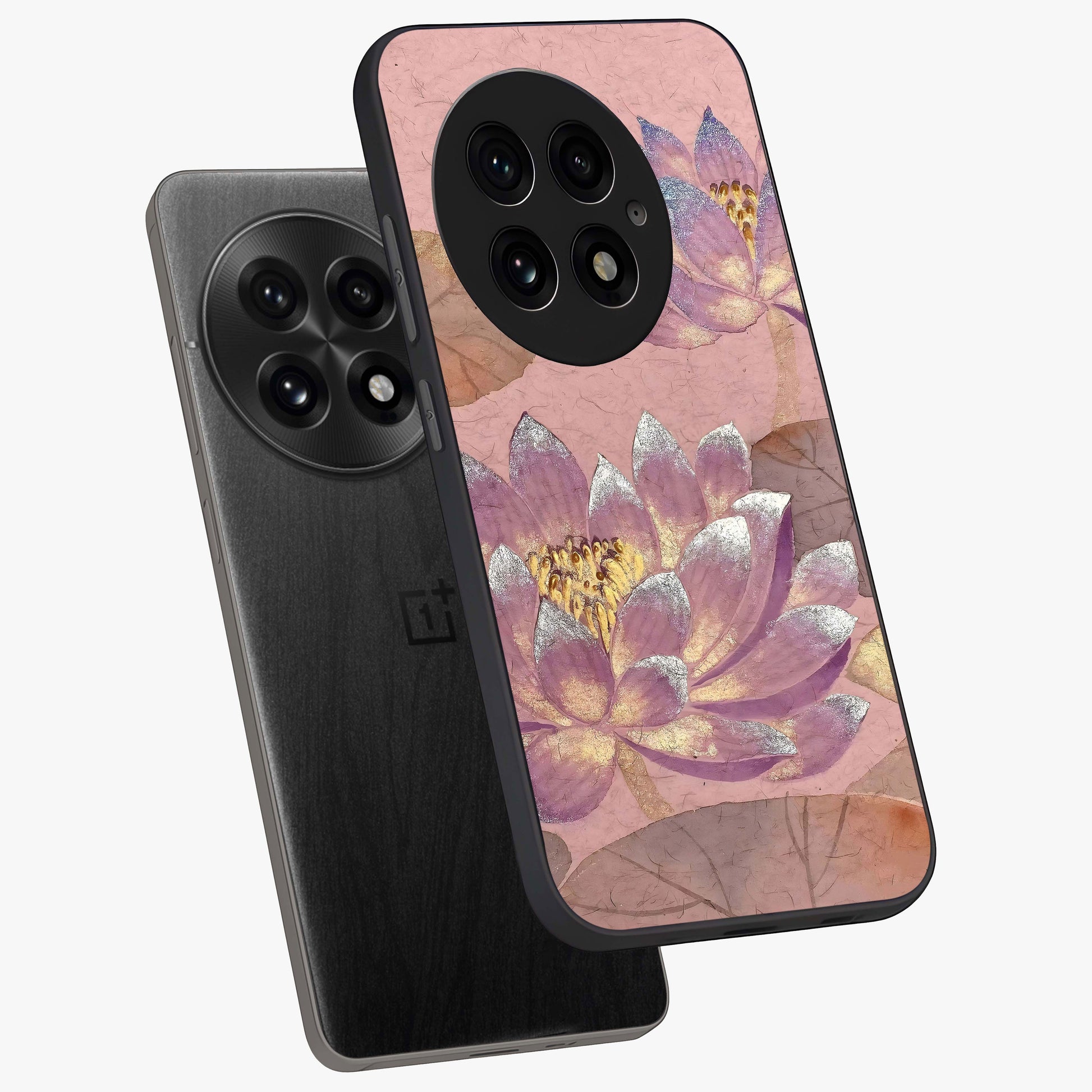 Blossom Mist Lotus Glass Case for 1+13 angled mockup showcasing glossy finish and peaceful floral detailing