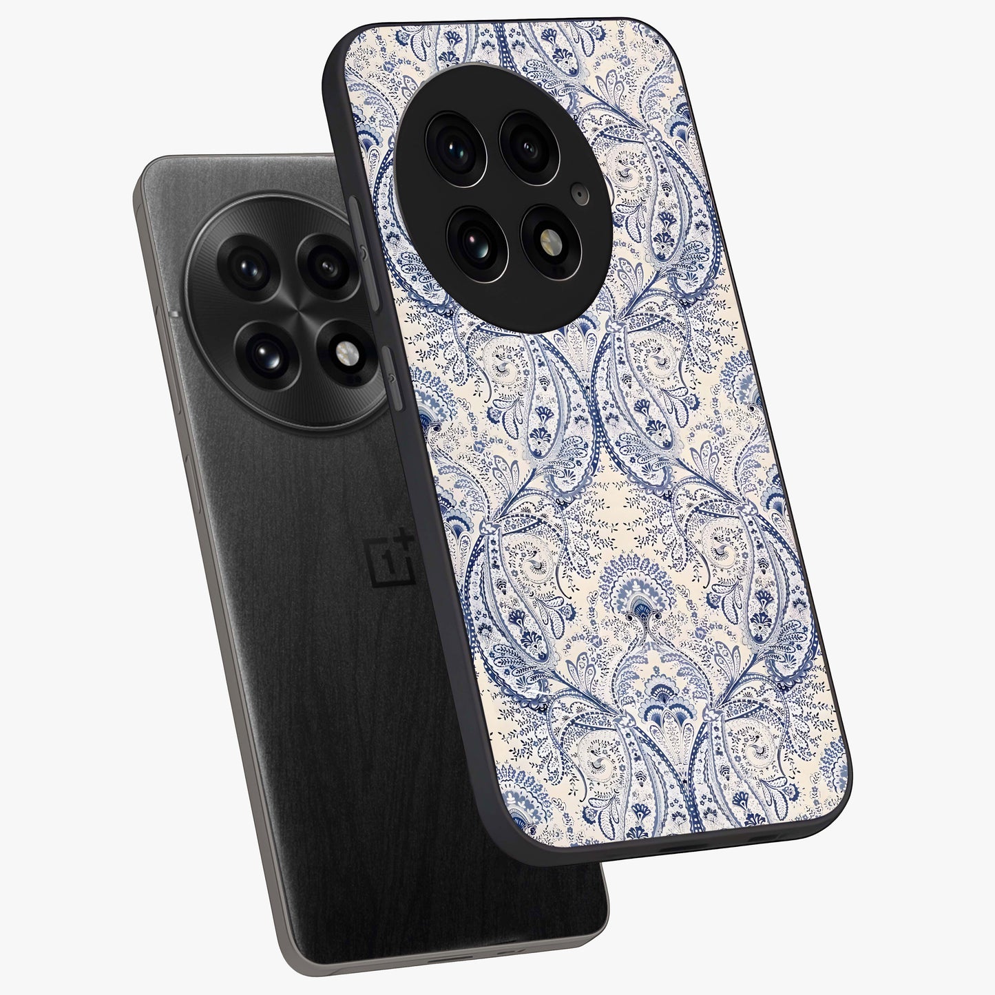 Blue Paisley Bloom Glass Case for 1+13 angled mockup showcasing glossy finish and detailed ornamental design