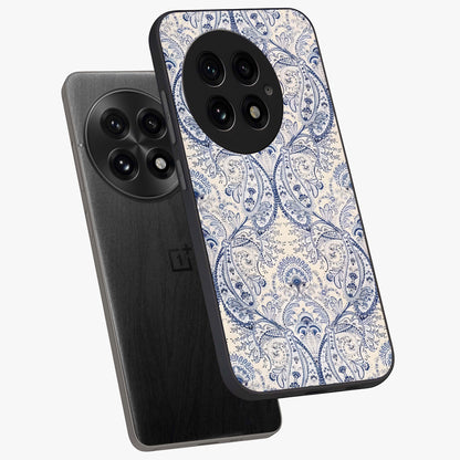 Blue Paisley Bloom Glass Case for 1+13 angled mockup showcasing glossy finish and detailed ornamental design