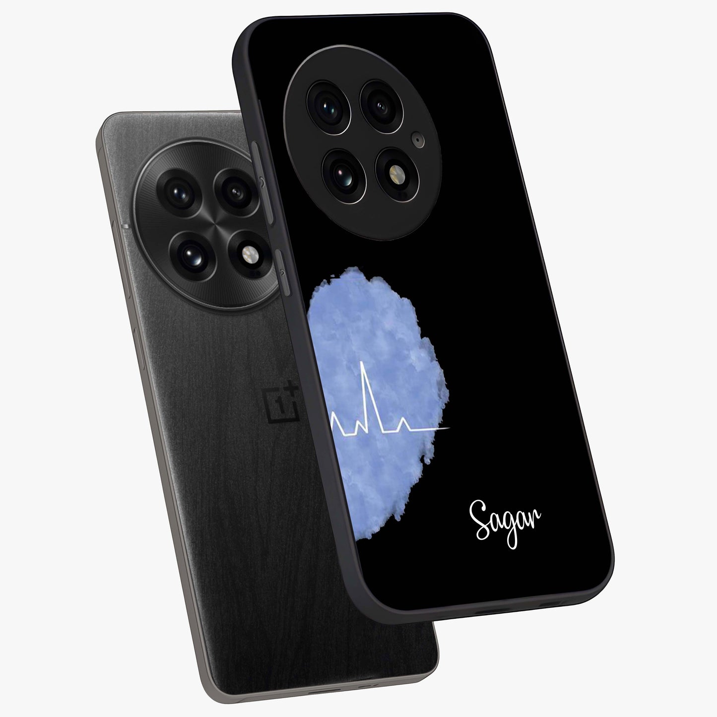 Blue Pulse Bond Glass Case for 1+13 angled mockup showcasing glossy glass finish and vibrant energy design