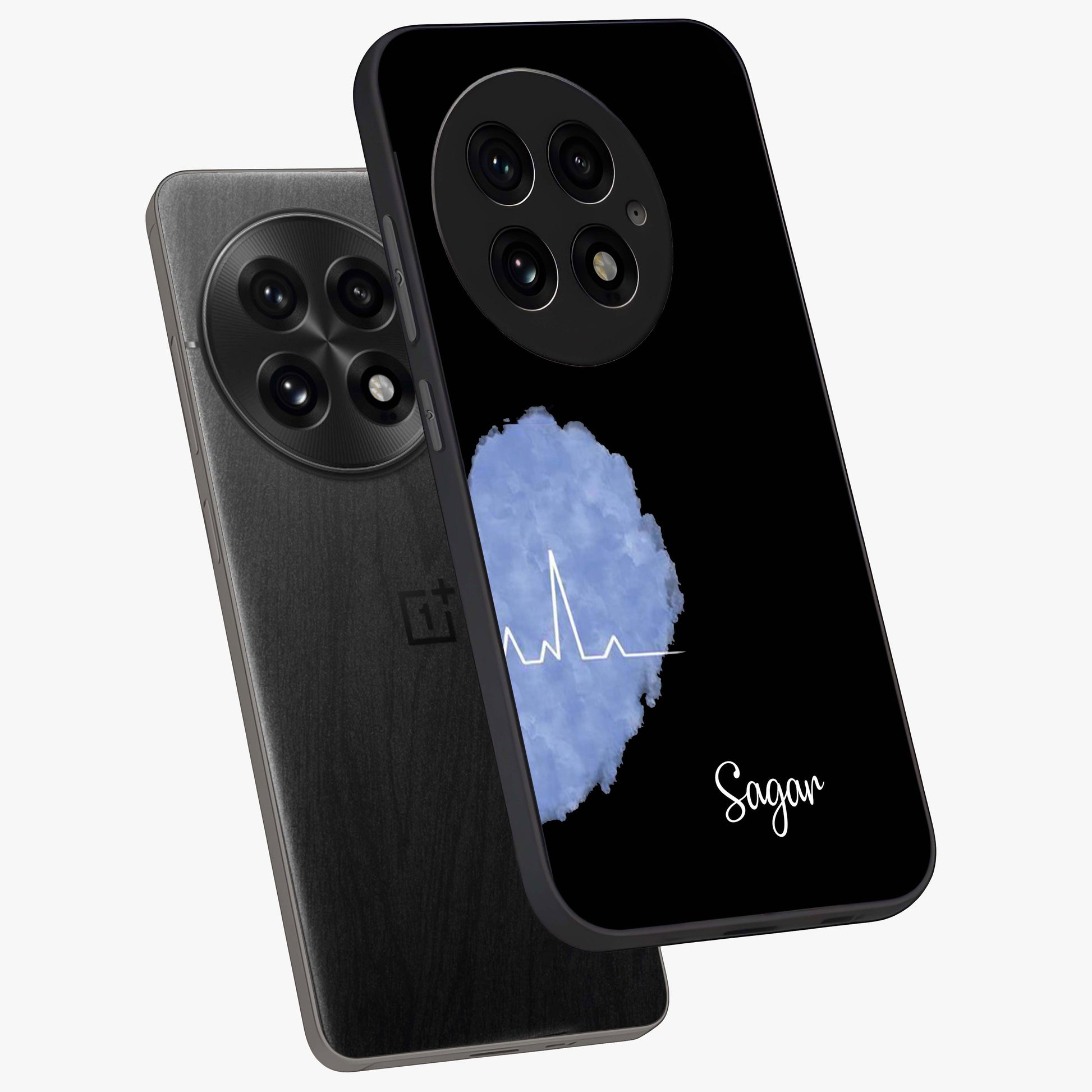 Blue Pulse Bond Glass Case for 1+13 angled mockup showcasing glossy glass finish and vibrant energy design