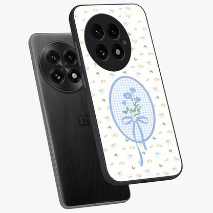 Blue Ribbon Bloom Glass Case for 1+13 angled mockup showcasing glossy finish and delicate bloom detailing