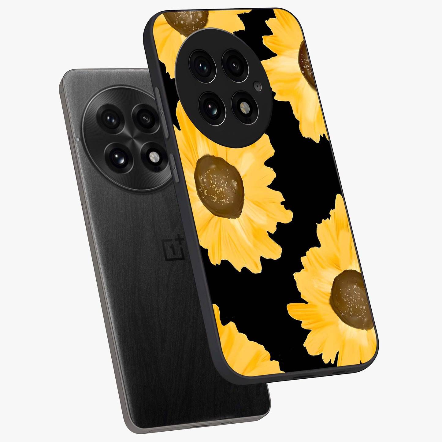 Bold Sunflowers Glow Glass Case for 1+13 angled mockup showcasing glossy glass finish and bright floral detailing
