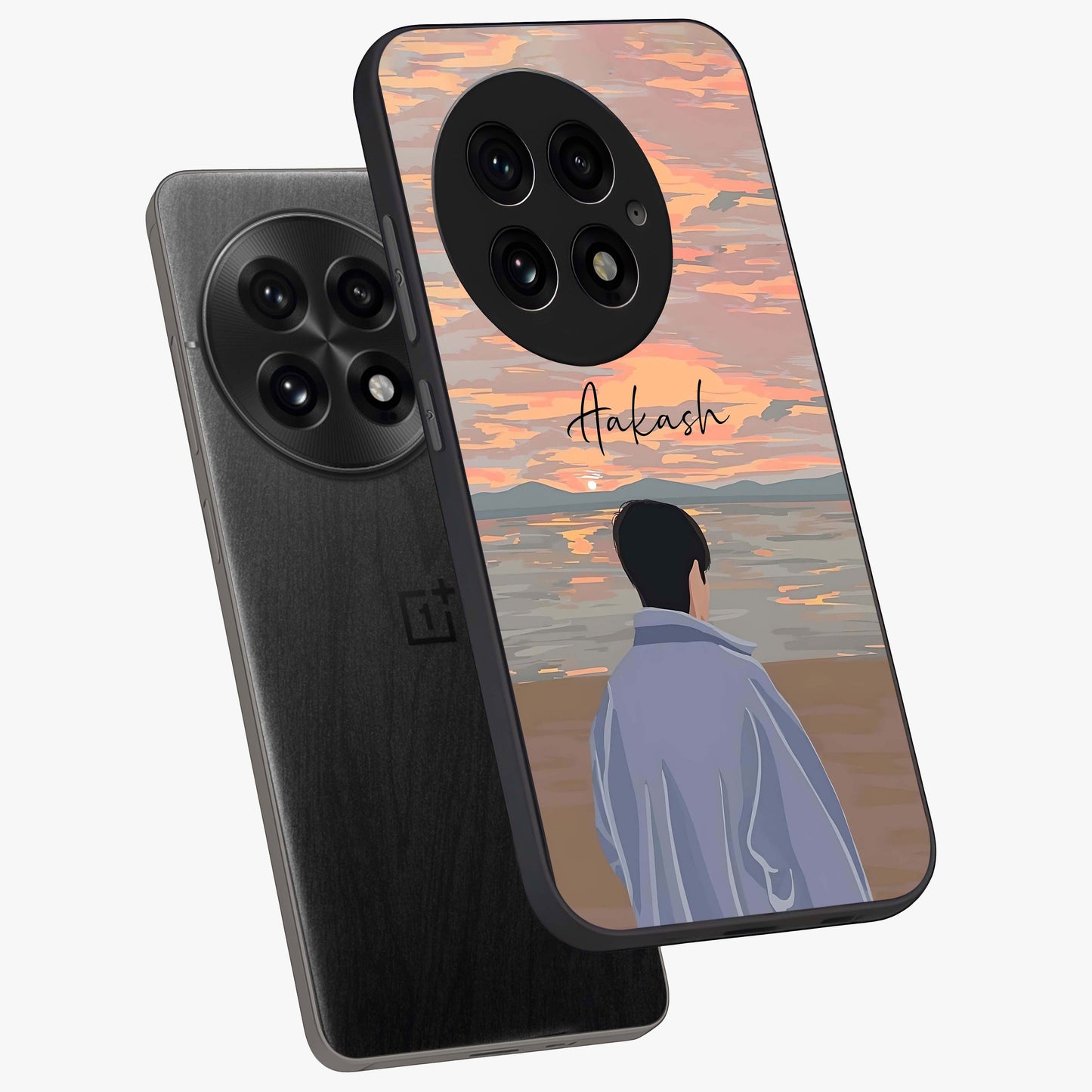 Boy Facing Sunset Beach Glass Case for 1+13 angled mockup showcasing glossy finish and warm beach tones