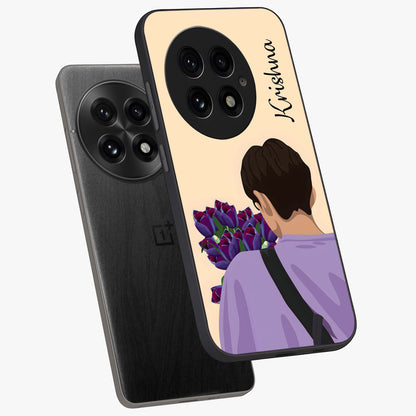 Boy Holding Flowers Glass Case for 1+13 angled mockup showcasing glossy finish and gentle pastel artwork