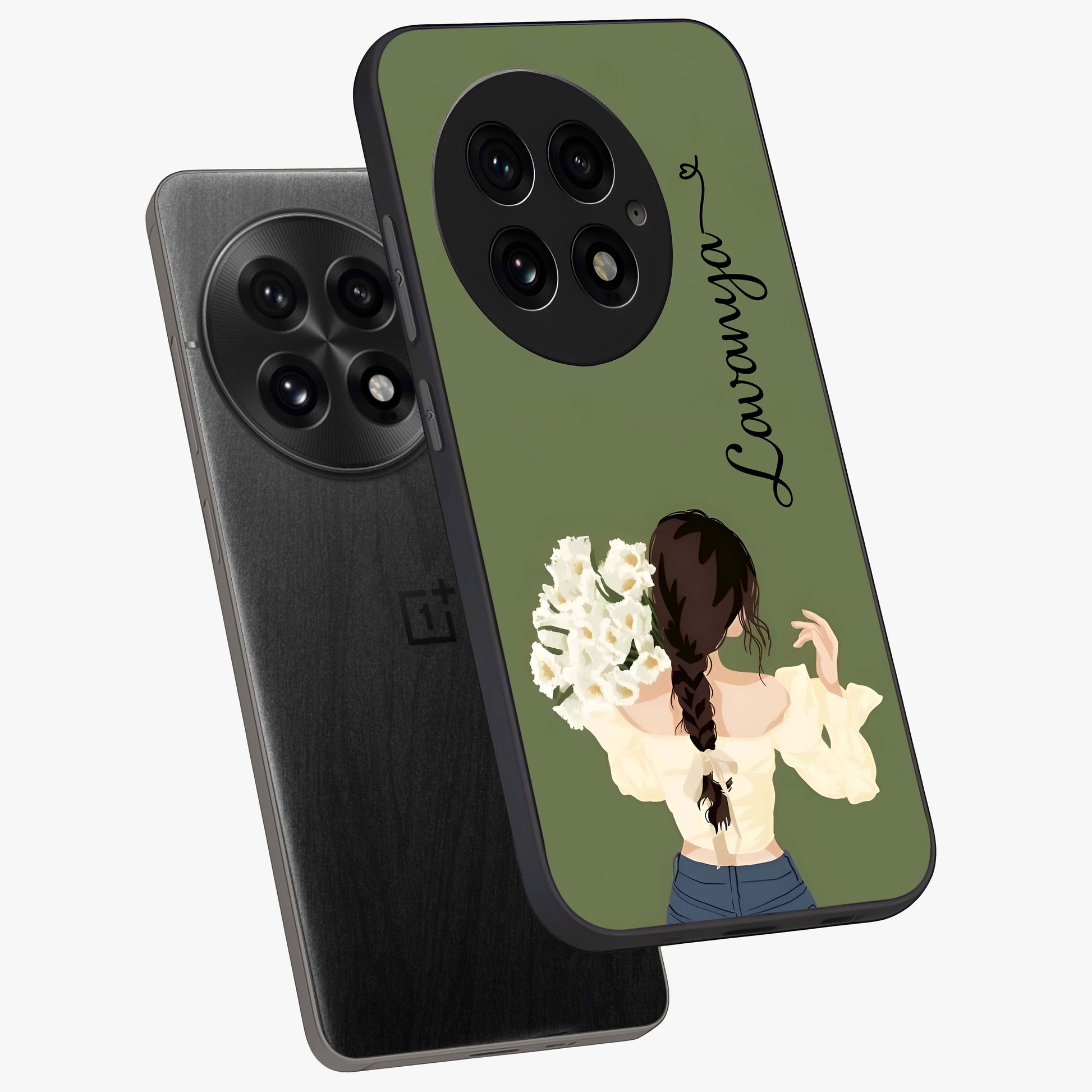 Braided Spring Beauty With Custom Name Glass Case for 1+13 angled mockup showcasing glossy finish and spring inspired detailing