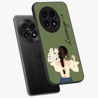 Braided Spring Beauty With Custom Name Glass Case for 1+13 angled mockup showcasing glossy finish and spring inspired detailing
