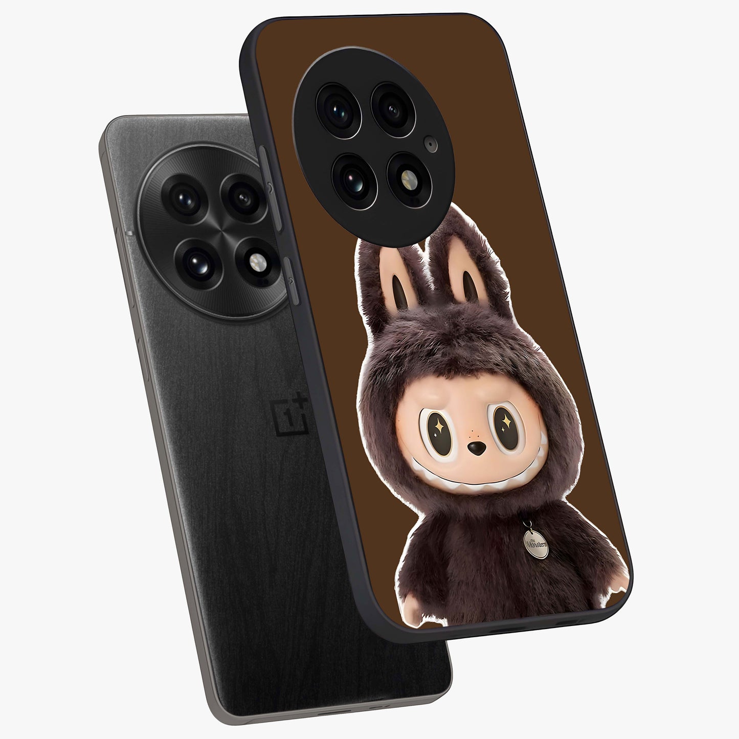 Brown Labubu Design Glass Case for 1+13 angled mockup showcasing glossy finish and detailed cartoon illustration