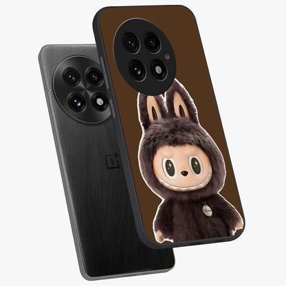 Brown Labubu Design Glass Case for 1+13 angled mockup showcasing glossy finish and detailed cartoon illustration