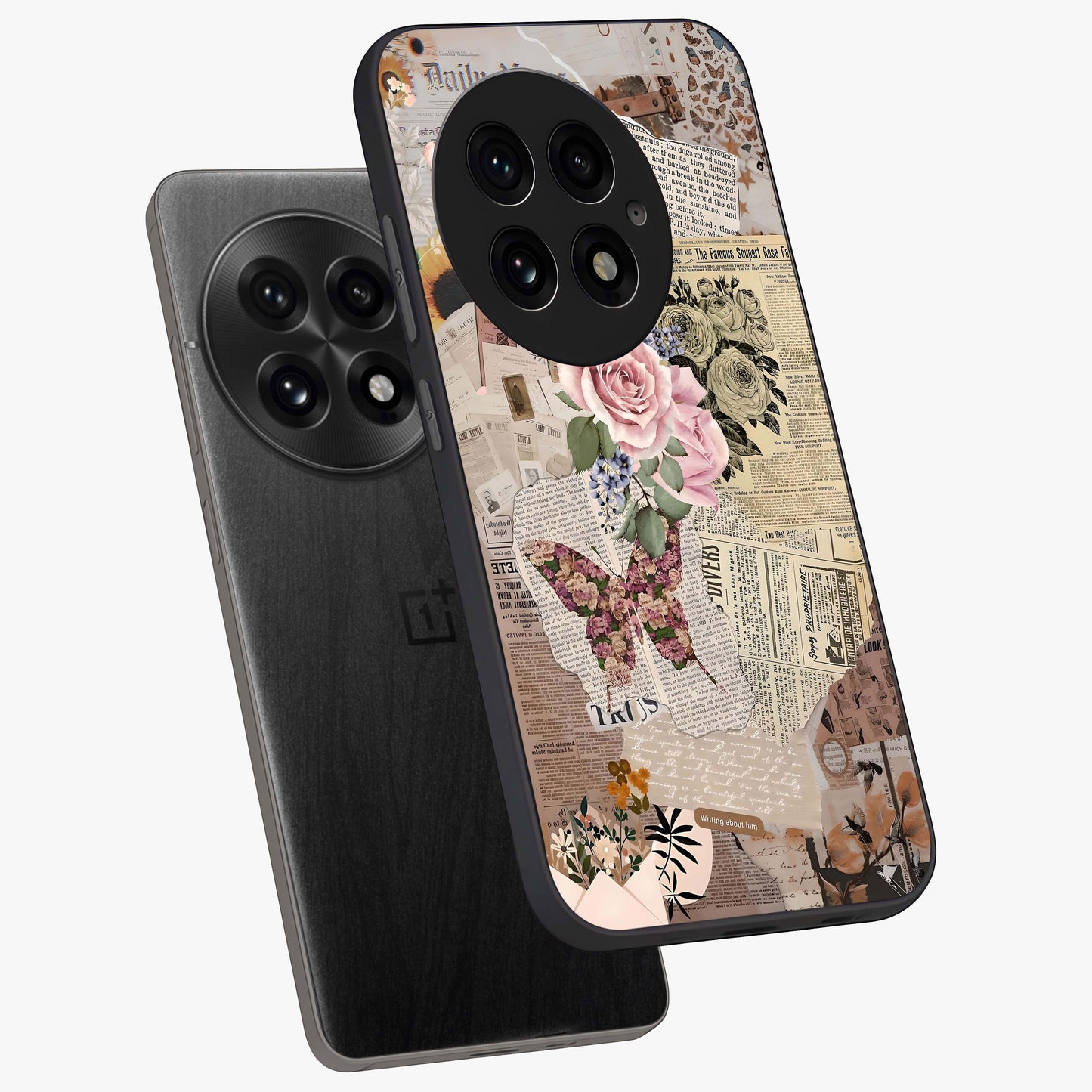 Butterfly News Bloom Glass Case for 1+13 angled mockup showcasing glossy finish and vibrant nature design