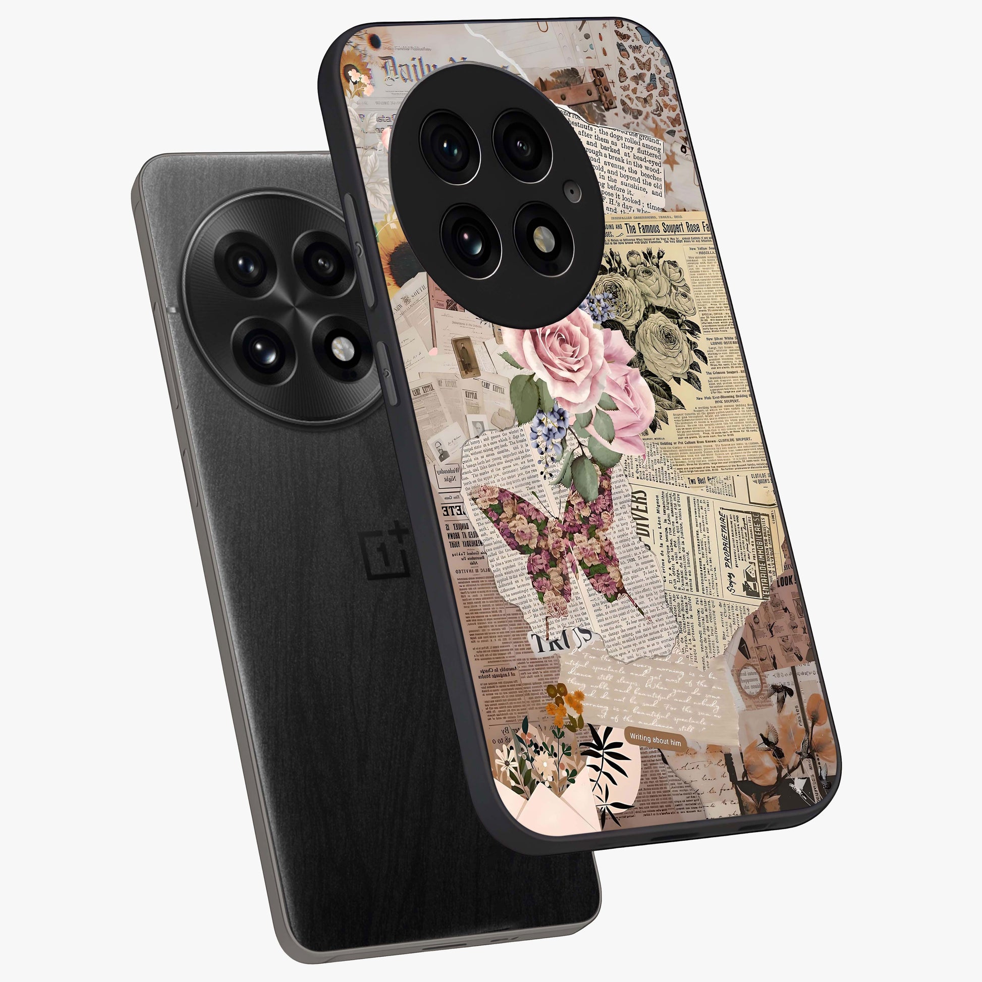 Butterfly News Bloom Glass Case for 1+13 angled mockup showcasing glossy finish and vibrant nature design