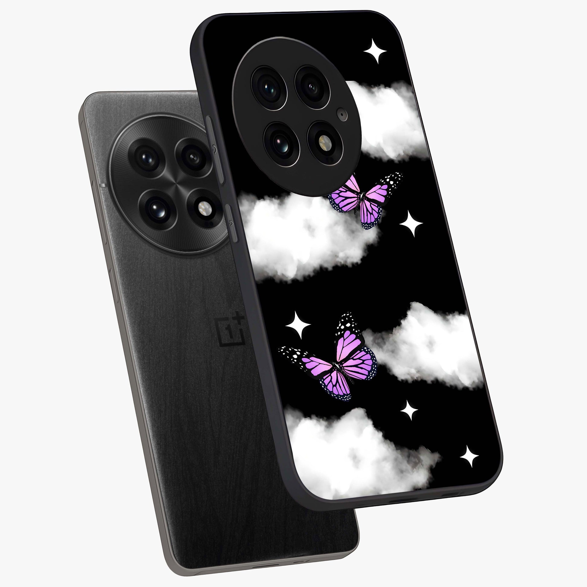 Butterfly Night Drift Glass Case for 1+13 angled mockup showcasing glossy finish and deep midnight gradients