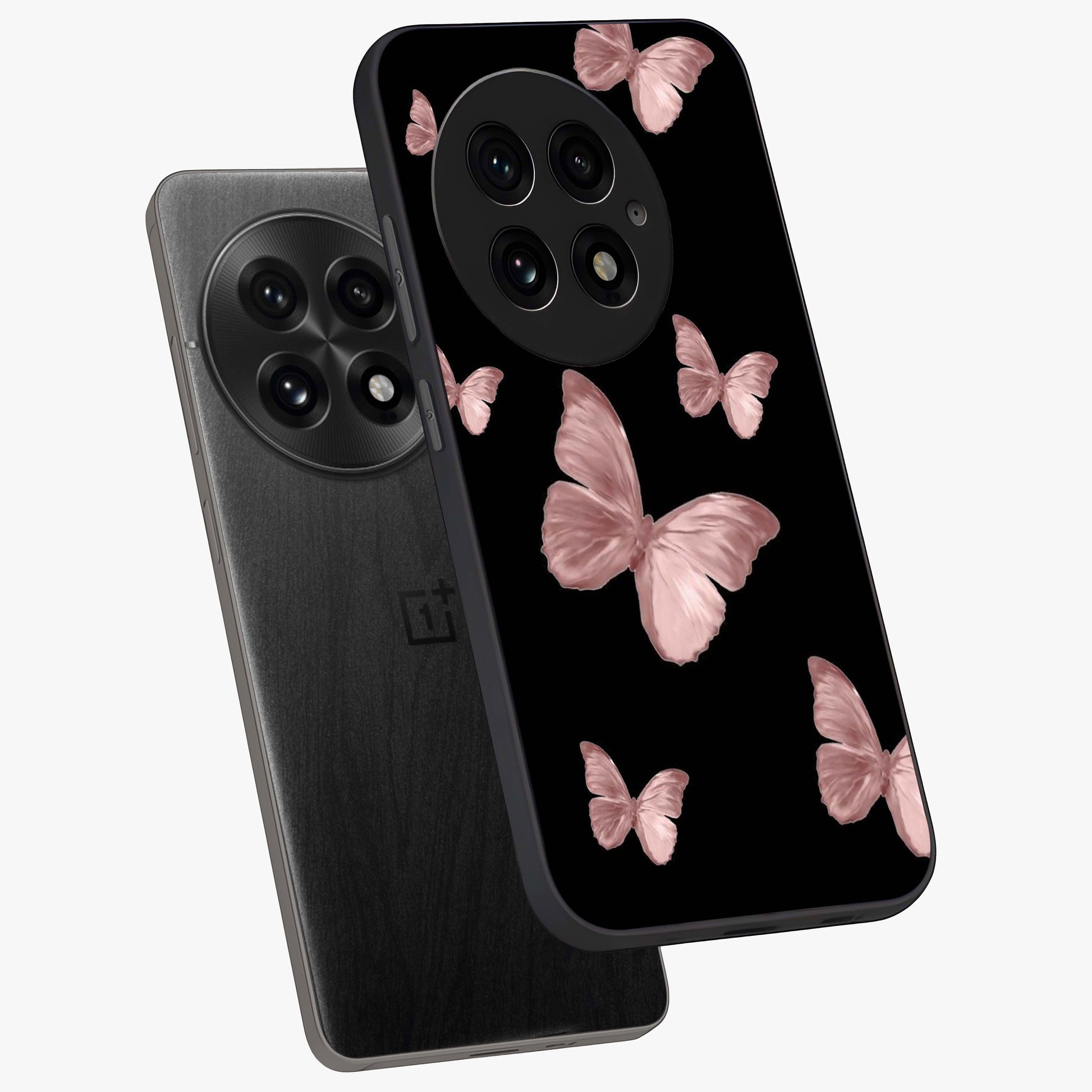 Butterfly Pattern Glass Case for 1+13 angled mockup showcasing glossy glass finish and delicate wing design