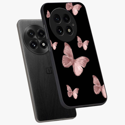 Butterfly Pattern Glass Case for 1+13 angled mockup showcasing glossy glass finish and delicate wing design