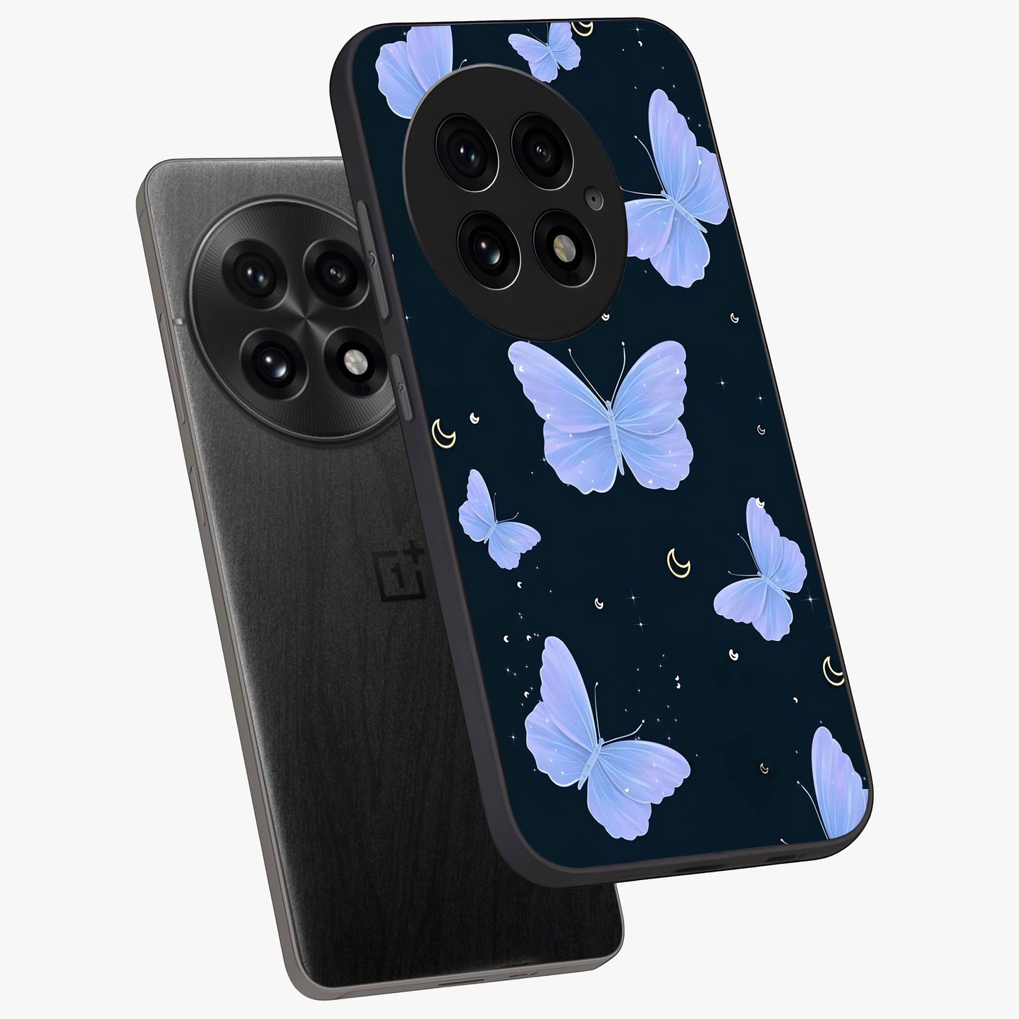 Butterfly With Stars Pattern Glass Case for 1+13 angled mockup showcasing glossy finish and celestial inspired design