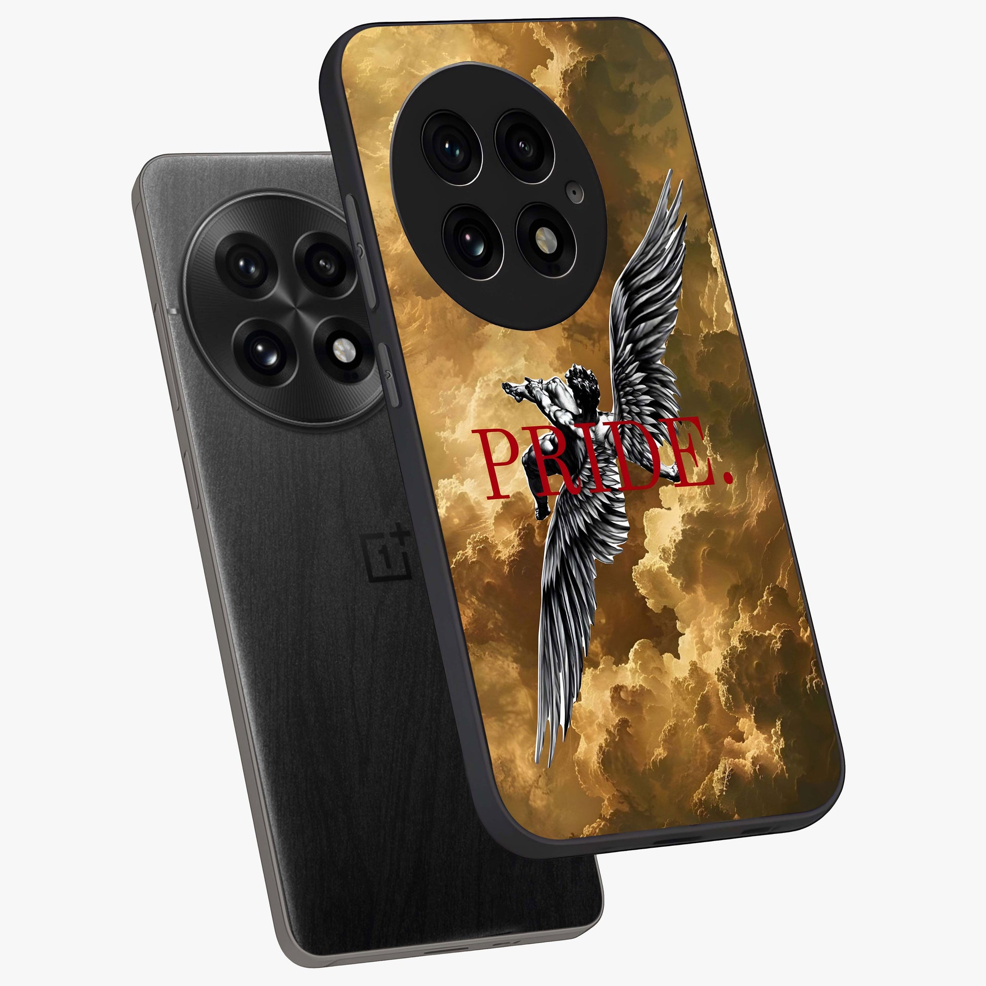 Celestial Fallen Pride Glass Case for 1+13 angled mockup showcasing glossy glass finish and intense night sky detailing