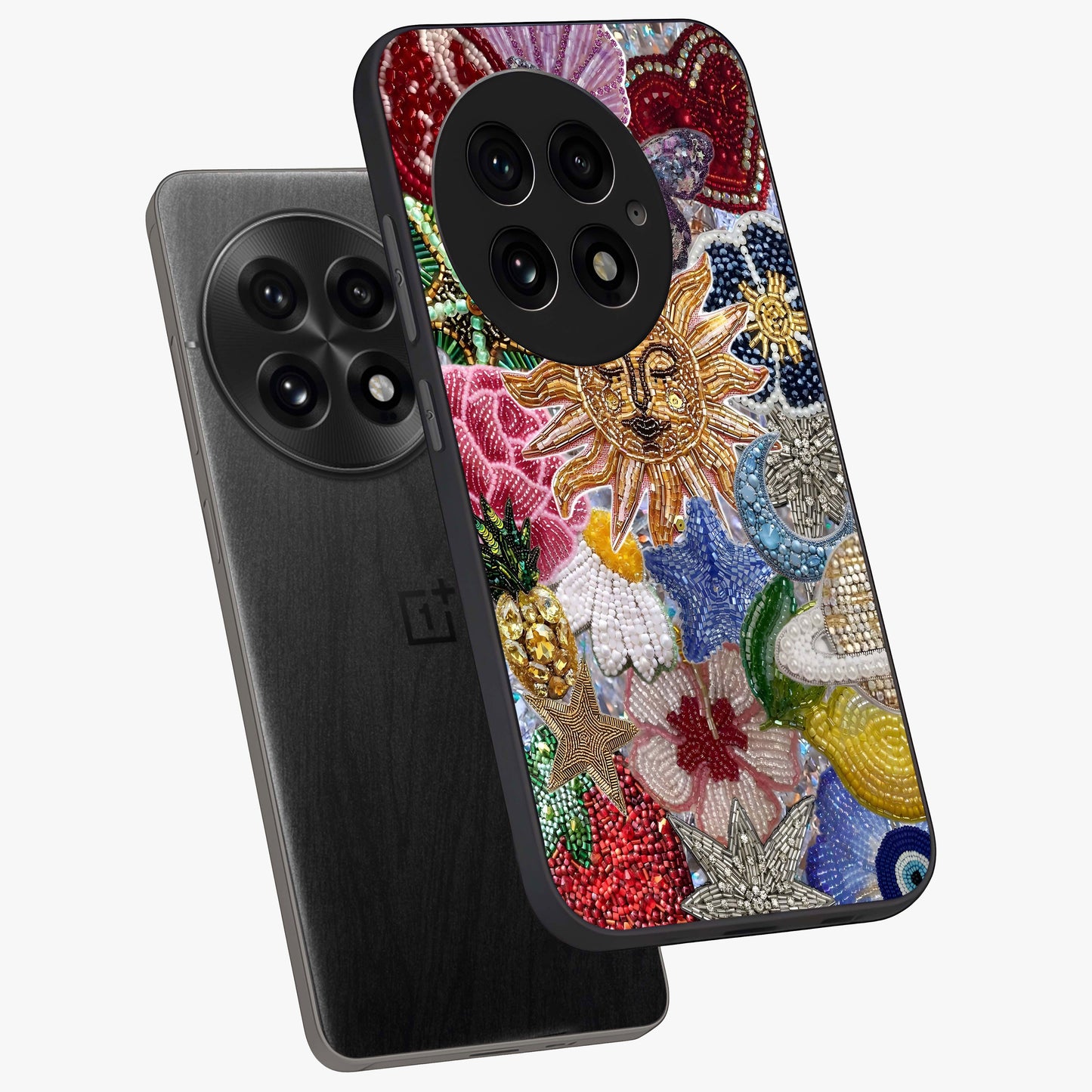 Celestial Floral and Playful Glass Case for 1+13 angled mockup showcasing glossy finish and colorful celestial detailing
