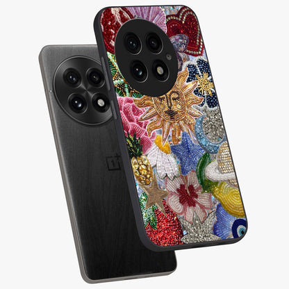 Celestial Floral and Playful Glass Case for 1+13 angled mockup showcasing glossy finish and colorful celestial detailing