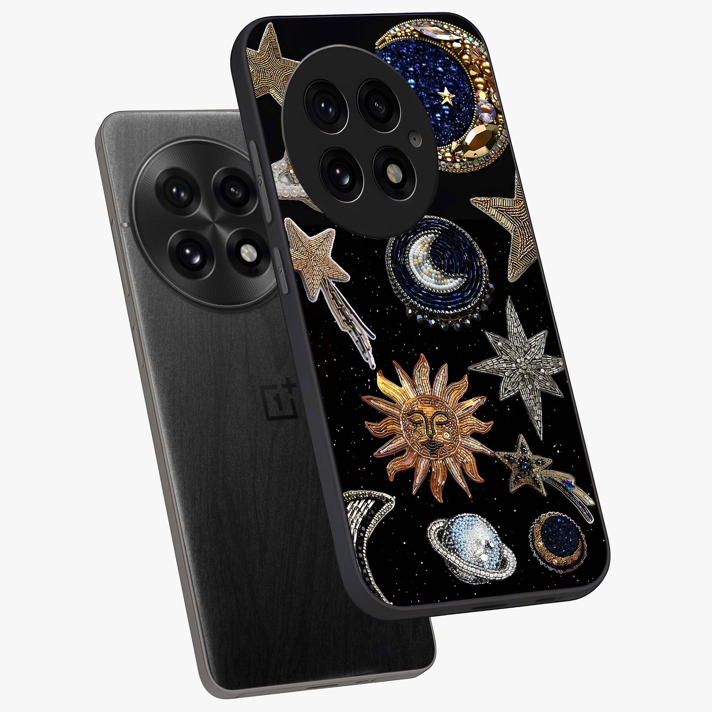 Celestial Gem Constellations Glass Case for 1+13 angled mockup showcasing glossy finish and sparkling cosmic design