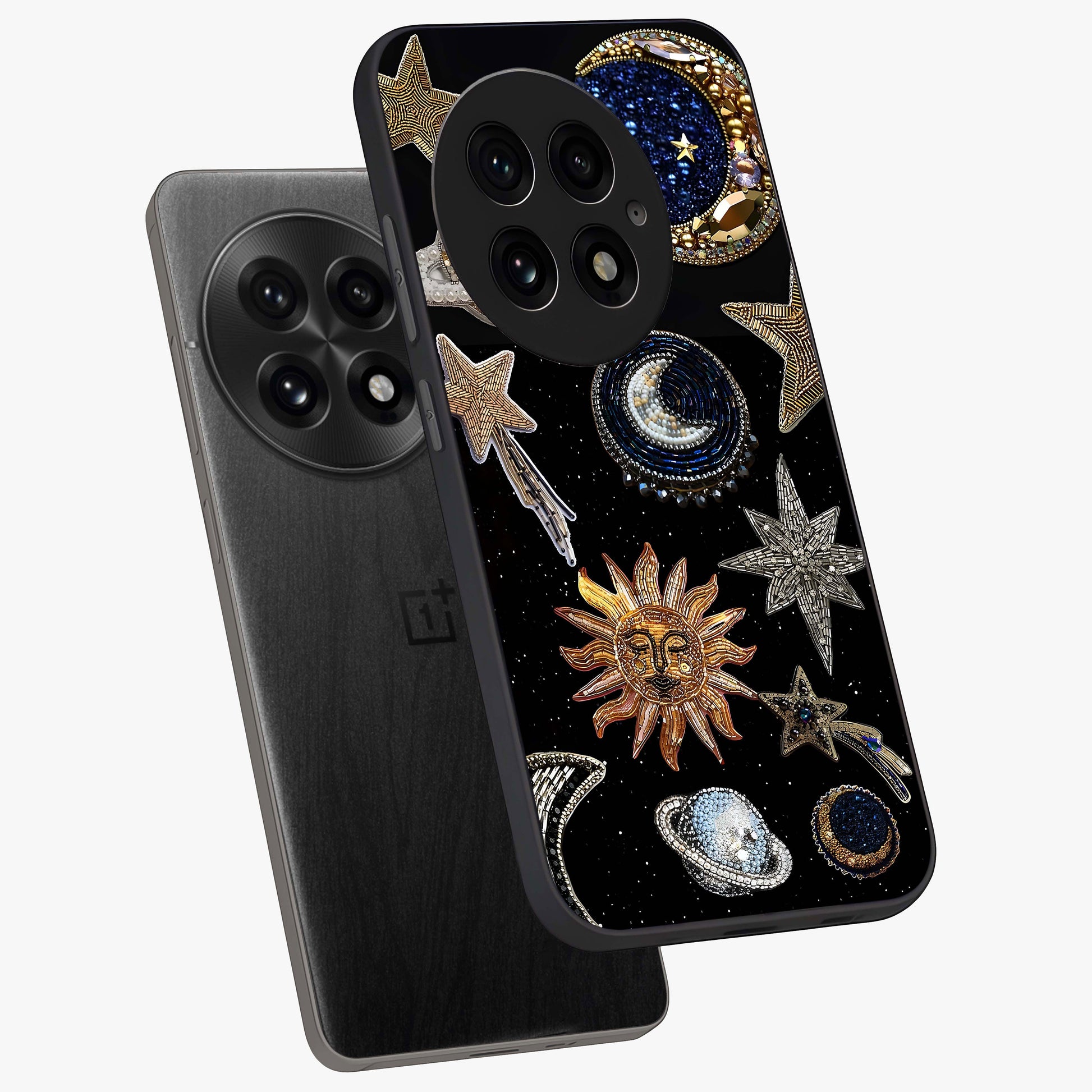 Celestial Gem Constellations Glass Case for 1+13 angled mockup showcasing glossy finish and sparkling cosmic design
