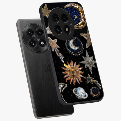 Celestial Gem Constellations Glass Case for 1+13 angled mockup showcasing glossy finish and sparkling cosmic design